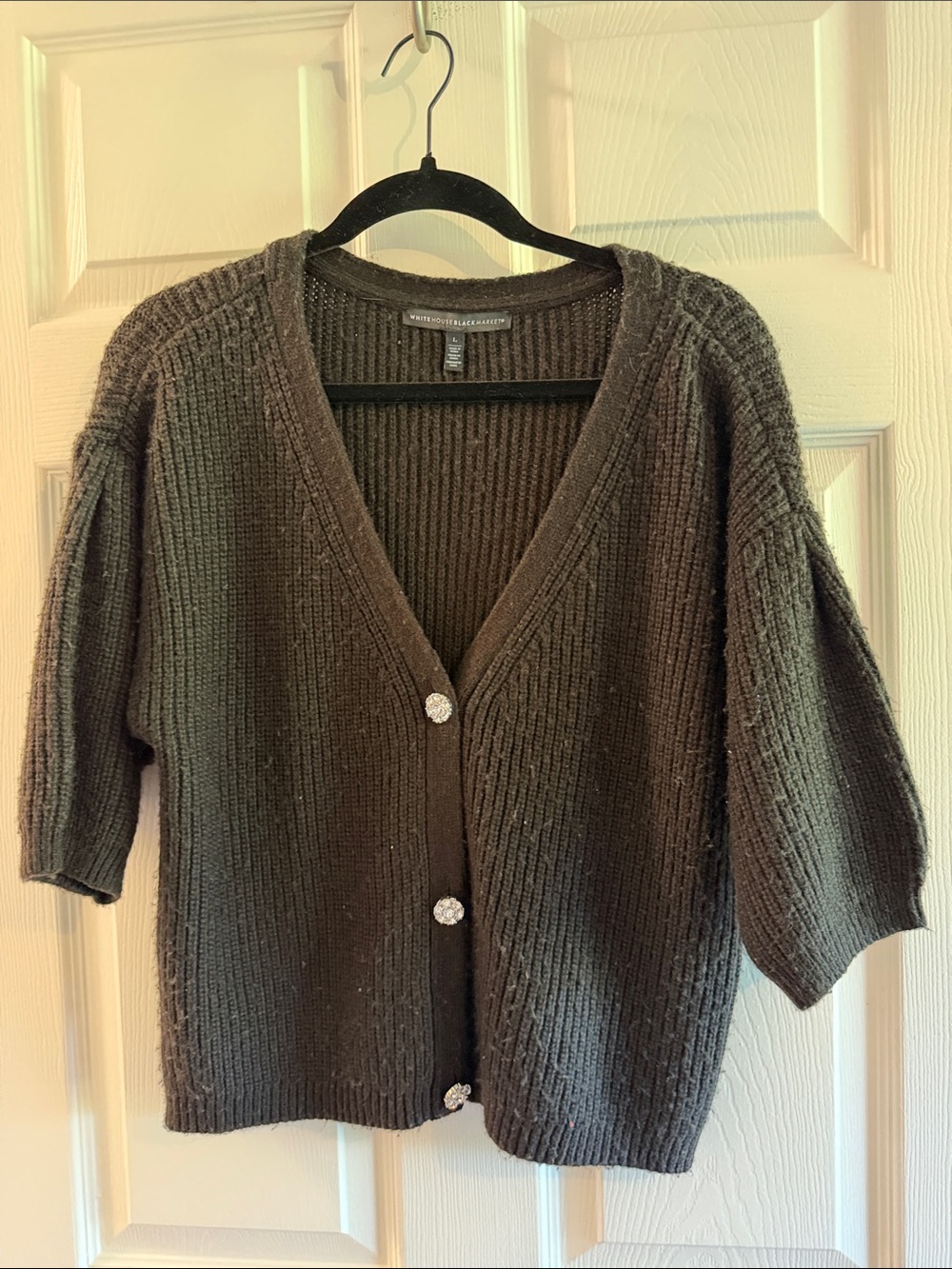 White House Black Market Dark Gray Ribbed V-Neck Button Cardigan